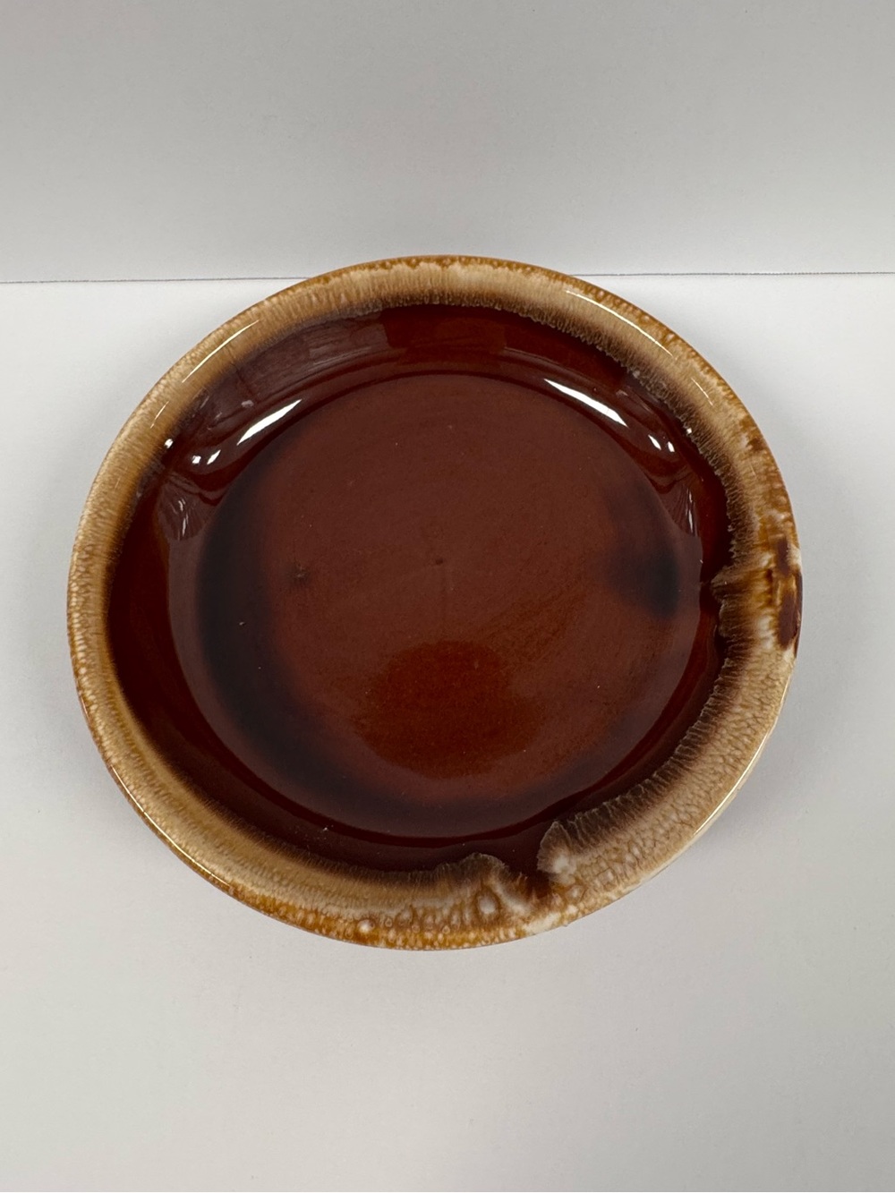 Vintage Pottery USA Brown Drip Glaze Small Round Dish Mid Century Modern